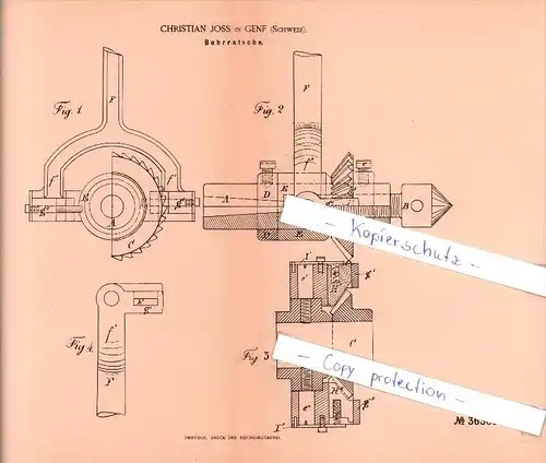 Original Patent  - Christian Joss in Genf , Schweiz , 1886 , Bohrratsche !!!