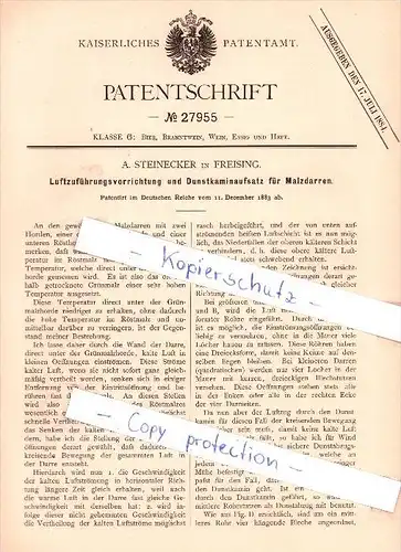 Original Patent  - A. Steinecker in Freising , 1883 , Vorrichtung für Malzdarren , Brauerei , Alkohol , Bier !!!