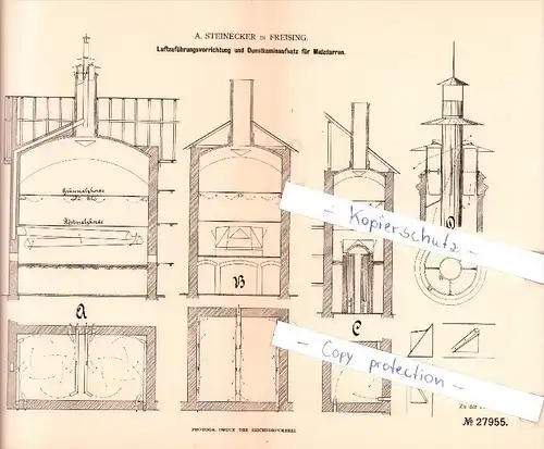 Original Patent  - A. Steinecker in Freising , 1883 , Vorrichtung für Malzdarren , Brauerei , Alkohol , Bier !!!