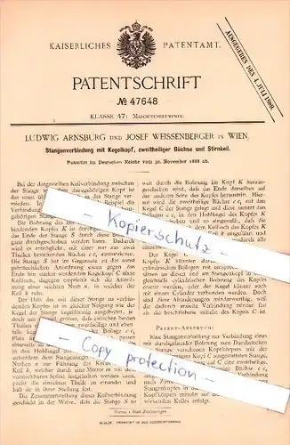 Original Patent  - L. Arnsburg und J. Weissenberger in Wien , 1888 , Stangenverbindung !!!