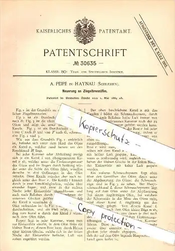 Original Patentschrift - A. Peipe in Haynau / Chojnów i. Schlesien , 1884 , Ziegel - Brennofen !!!