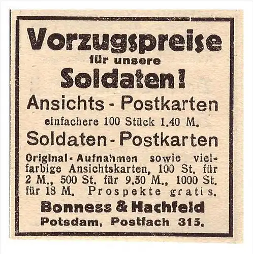 original Werbung - 1917 - Vorzugspreise für unsere Soldaten , Bonness & Hachfeld , Postkarten , Militär , Armee !!!
