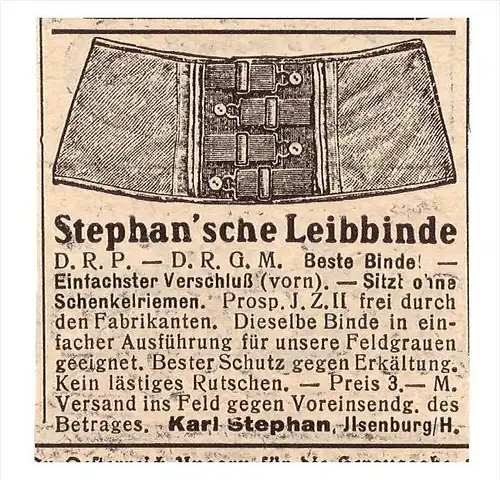 original Werbung - 1917 - Stephan`sche Leibbinde , Karl Stephan in Ilsenburg / Harz !!!