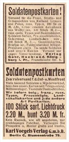 original Werbung - 1917 - Kriegspostkarten , Ansichtskarten für Soldaten , K. Voegels in Berlin , Militär , Armee !!!