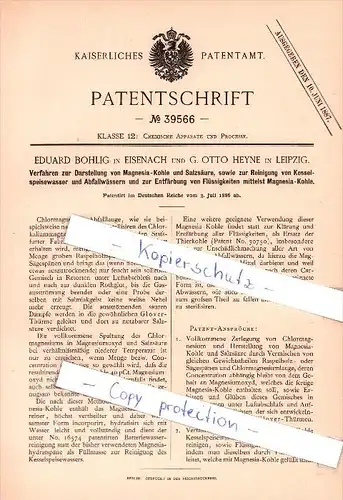 Original Patent  - E. Bohlig in Eisenach und G. O. Heyne in Leipzig , 1886 , Magnesia-Kohle !!!