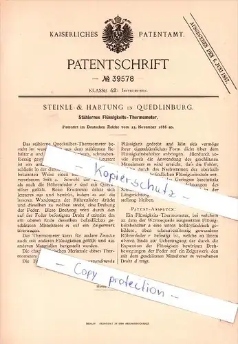 Original Patent  - Steinle & Hartung in Quedlinburg , 1885 , Stählernes Flüssigkeits - Thermometer !!!