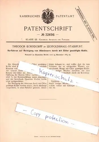 Original Patent  - Theodor Korndorff in Leopoldshall-Stassfurt , 1884 , Reinigung von Abwässern !!!