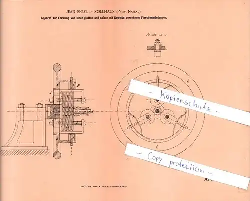 Original Patent  - Jean Eigel in Zollhaus , Prov. Nassau , 1885 , Formung von Flaschenmündungen !!!