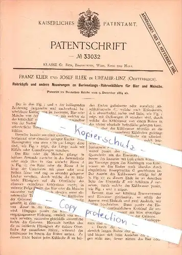 Original Patent  - F. Klier und J. Illek in Urfahr-Linz , 1884 , Rohrköpfe an Berieselungs - Röhrenkühlern !!!