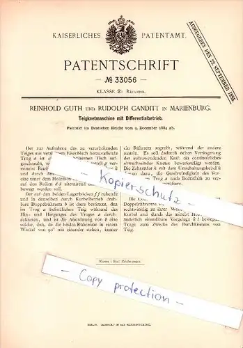 Original Patent  -  R. Guth und R. Canditt in Marienburg , 1884 , Teigknetmaschine mit Differentialbetrieb , Bäckerei !!