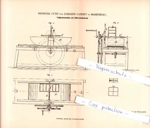 Original Patent  -  R. Guth und R. Canditt in Marienburg , 1884 , Teigknetmaschine mit Differentialbetrieb , Bäckerei !!