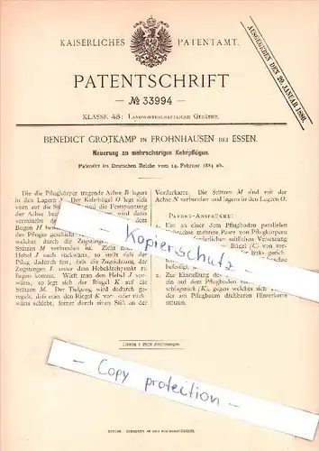 Original Patent  - B. Grotkamp in Frohnhausen bei Essen , 1884 , mehrscharige Kehrpflüge !!!