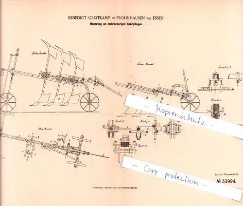 Original Patent  - B. Grotkamp in Frohnhausen bei Essen , 1884 , mehrscharige Kehrpflüge !!!