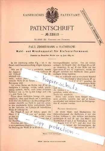 Original Patent  - P. Zimmermann in Rathenow , 1885 ,  Mahl- und Mischapparat für Gießereiformsand !!!