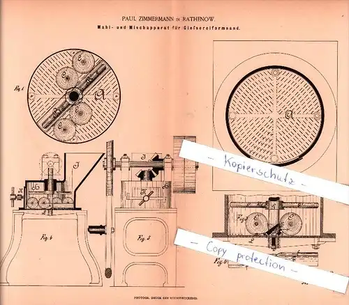 Original Patent  - P. Zimmermann in Rathenow , 1885 ,  Mahl- und Mischapparat für Gießereiformsand !!!