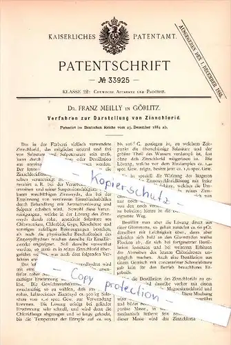Original Patent  - Dr. Franz Meilly in Görlitz , 1884 , Darstellung von Zinnchlorid !!!