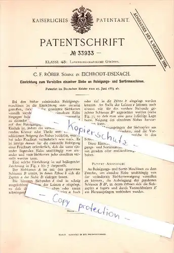 Original Patent  - C. F. Röber Söhne in Eichrodt-Eisenach , 1885 , Siebe an landw. Maschinen !!!