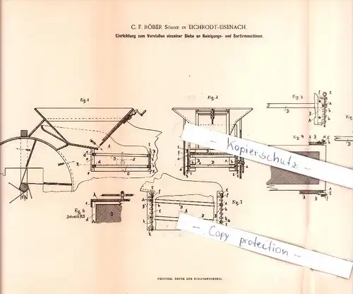Original Patent  - C. F. Röber Söhne in Eichrodt-Eisenach , 1885 , Siebe an landw. Maschinen !!!