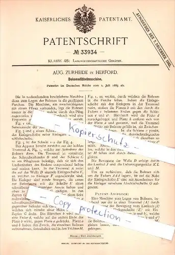 Original Patent  - Aug. Zurheide in Herford , 1885 , Bohnendibbelmaschine !!!