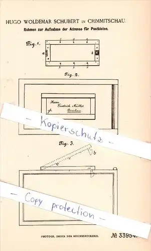 Original Patent  - H. W. Schubert in Crimmitschau , 1885 , Adresse auf Postkisten , Post !!!