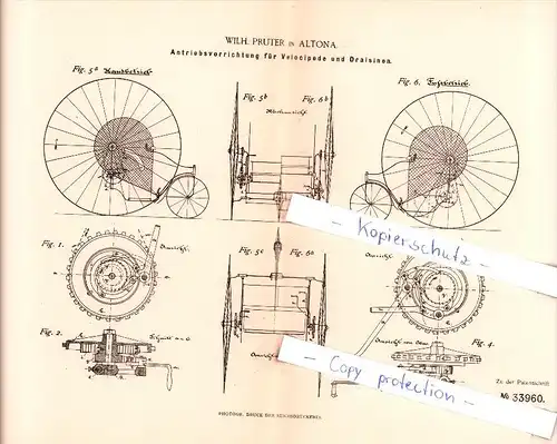 Original Patent  - Wilh. Pruter in Altona , 1885 , Antrieb  für Velocipede und Draisine , Hamburg !!!