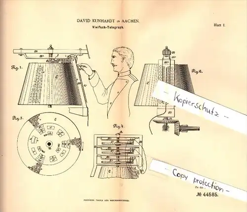 Original Patent - David Kunhardt in Aachen , 1887 , Vielfach - Telegraph , telegraphy , Telegraphie !!!