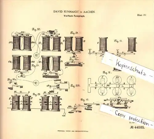 Original Patent - David Kunhardt in Aachen , 1887 , Vielfach - Telegraph , telegraphy , Telegraphie !!!