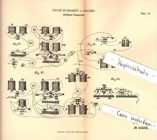 Original Patent - David Kunhardt in Aachen , 1887 , Vielfach - Telegraph , telegraphy , Telegraphie !!!