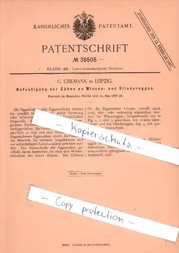 Original Patent  - G. Uhlmann in Leipzig , 1886 , Befestigung der Zähne an Wiesen- und Gliedereggen !!!