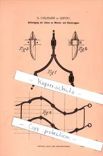 Original Patent  - G. Uhlmann in Leipzig , 1886 , Befestigung der Zähne an Wiesen- und Gliedereggen !!!