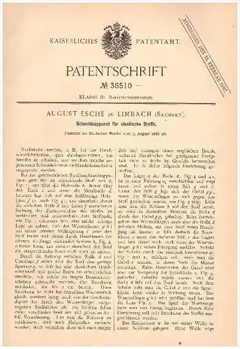 Original Patent  - August Esche in Limbach , Sachsen 1886 , Schneideapparat für elastische Stoffe !!!
