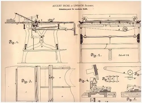 Original Patent  - August Esche in Limbach , Sachsen 1886 , Schneideapparat für elastische Stoffe !!!