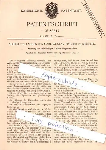 Original Patent  - Alfred von Langen und Carl Gustav Fischer in Bielefeld , 1885 , Druckerei !!!