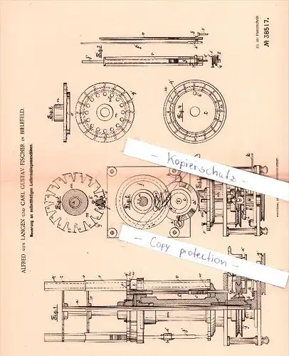 Original Patent  - Alfred von Langen und Carl Gustav Fischer in Bielefeld , 1885 , Druckerei !!!