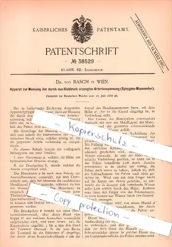 Original Patent  - Dr. von Basch in Wien , 1886 , Messapparat für Arterienspannung , Blutdruck , Arzt!!!