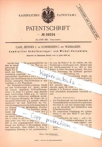 Original Patent  -  C. Bender I. in Sonnenberg bei Wiesbaden , 1886 , Scheibenriegelverschluß , Schlossei !!!