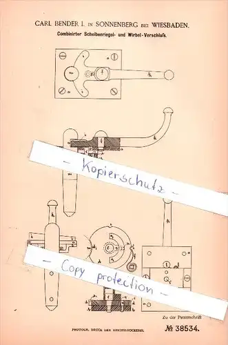 Original Patent  -  C. Bender I. in Sonnenberg bei Wiesbaden , 1886 , Scheibenriegelverschluß , Schlossei !!!