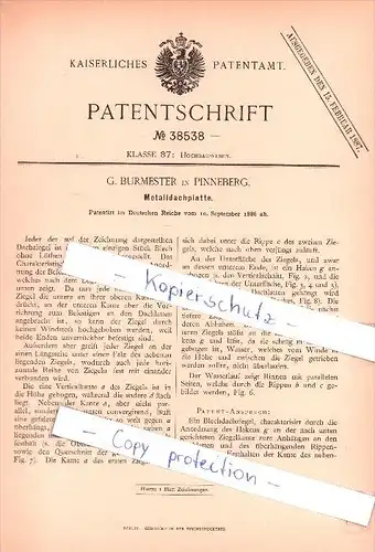 Original Patent  - G. Burmester in Pinneberg , 1886 , Metalldachplatte , Dachdecker , Dach , Hochbau !!!