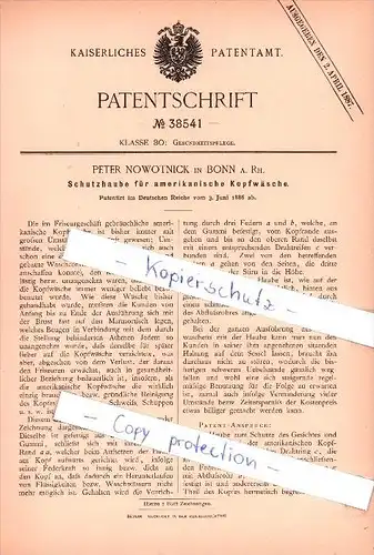 Original Patent  - P. Nowotnick in Bonn a. Rh. , 1886 , Schutzhaube für amerikanische Kopfwäsche , Frieseur !!!