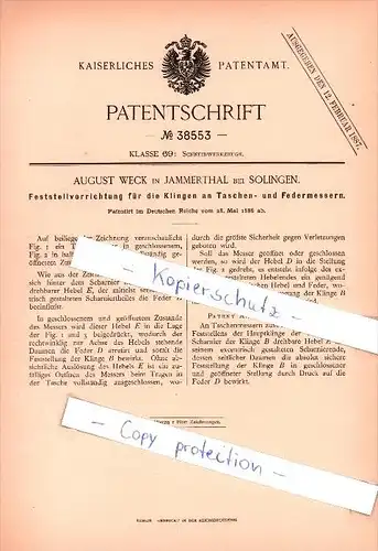 Original Patent  - A. Weck in Jammerthal bei Solingen , 1886 , Feststellvorrichtung für Klingen , Messer !!!