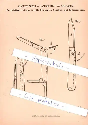 Original Patent  - A. Weck in Jammerthal bei Solingen , 1886 , Feststellvorrichtung für Klingen , Messer !!!