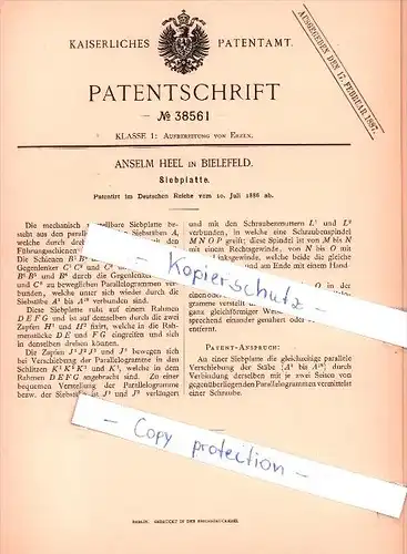 Original Patent  - Anselm Heel in Bielefeld , 1886 , Siebplatte !!!