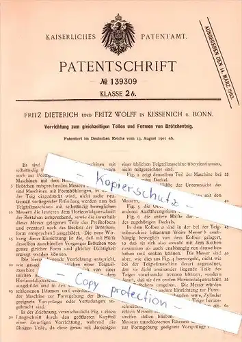Original Patent  -  F. Dieterich und F. Wolff in Kessenich b. Bonn , 1901 , Teilen von Brötchenteig !!!