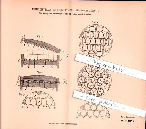 Original Patent  -  F. Dieterich und F. Wolff in Kessenich b. Bonn , 1901 , Teilen von Brötchenteig !!!