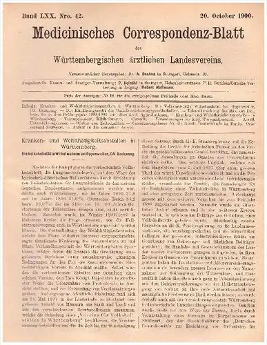 Zeitschrift der Volksheilstätte Wilhelmsheim b. Oppenweiler - 1900 - Backnang , Kur , Heilanstalt , Arzt , Krankenhaus !