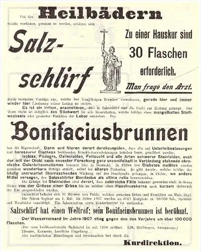original Werbung - 1908 - Bad Salzschlirf , Bonifaciusbrunnen , Kur , Heilanstalt , Arzt , Apotheke !!