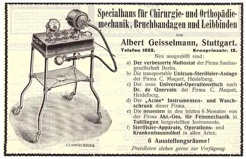 original Werbung - 1910 - Albert Geisselmann , Orthopädie , Sanitätshaus , Stuttgart , Arzt , Apotheke !!!