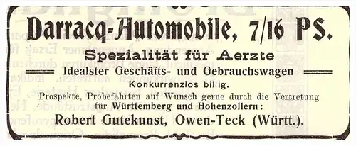 original Werbung - 1910 - Darracq Automobile 7/16PS , R. Gutekunst in Owen-Teck , Oldtimer !!