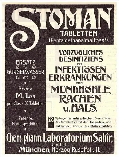 original Werbung - 1910 - Stomann Tabletten , Labor Sahir in München , Arzt , Apotheke !!!