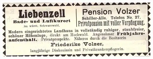 original Werbung - 1910 - Bad Liebenzell , Pension Volzer , Kur , Arzt , Apotheke !!!